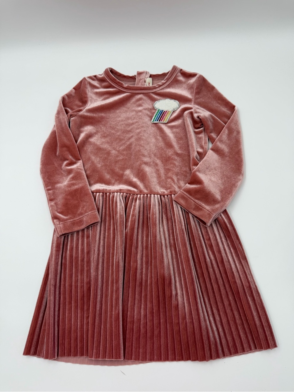 Catimini Dusty Rose Velvet Pleated Dress with Rainbow Patch
